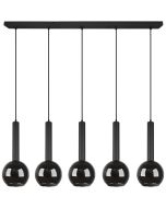 Trio Clayton 310300532 zwarte hanglamp met vijf pendels. De pendels hebben een buis van 30cm en verchroomd glazen kapjes met een E27 fitting