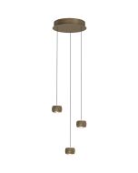 Freelight Cosmo brons-goudkleurige ronde hanglamp van 35cm in diameter met drie pendels met katrolsysteem voor de hoogte en elk een klein bolletje met geïntegreerde LED