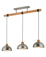 Trio Delhi 303400367 antiek stalen hanglamp met houten balk langs het plafond en drie half ronde kappen met houten klos erboven