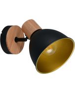 Casalum Delume zwarte spot met goudkleurige binnezijde van metaal met een diameter van 15 cm met houten fittinghouder en hout op het wandplaatje 