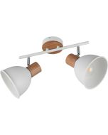 Casalum Delume witte plafondspot van metaal met een lengte van 49 cm, hout op het plafondplaatje en witte stang met twee witte spotjes van metaal met houten fittinghouder