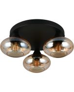 Reality Divina zwarte plafonniere met een diameter van 39 cm en drie amber glazen kapjes