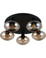 Reality Divina zwarte plafonniere met een diameter van 49 cm en vijf amber glazen kapjes