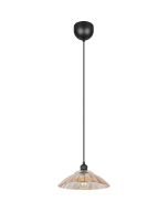 Reality Eluna zwarte hanglamp met een schijfvormige kap van geribbeld amber kleurig glas met een diameter van 29,5 cm