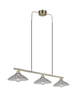 Reality Eluna oud brons kleurige hanglamp van 100 cm lang met drie schijfvormige kappen van geribbeld helder glas met een diameter van 25 cm