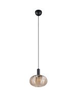 Reality Elvezia zwarte hanglamp met ovale kap van amberkleurig geribbeld glas met een diameter van 26 cm