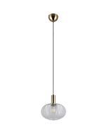 Reality Elvezia mat messing hanglamp met ovale kap van helder geribbeld glas met een diameter van 26 cm