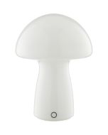 Brilliant Erik wit glazen oplaadbare tafellamp in paddenstoelvorm van 22,2 cm hoog en 16 cm in diameter