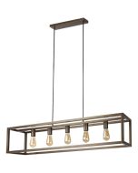 Freelight Esteso brons goudkleurige hanglamp van een 120cm lang metalen frame met vijf E27 fittingen en een bronskleurige plafondbalk