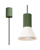 Sollux Estria olijf groen met beige hanglamp met een geribbelde fittinghouder en een kegelvormige kapje met een diameter van 14cm