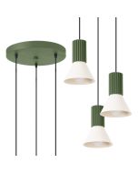 Sollux Estria olijf groen met beige hanglamp met drie pendels met geribbelde fittinghouder en een kegelvormige kapje met een diameter van 14cm