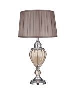 Searchlight Greyson EU3721AM chromen tafellamp met amber glas in de voet en geplooide bruine kap van textiel