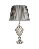 Searchlight Greyson EU3721CL chromen tafellamp met rookglas in de voet en tin grijze geplooide kap van textiel