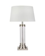Searchlight Pedestal EU5141SS 63cm hoge tafellamp met staalkleurige voet met cilindervormig helder glas om de voet en ronde kap van creme textiel