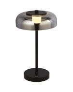 Searchlight Frisbee EU59801-1SM brandende zwarte tafellamp met touchdimmer en frisbee vormige kap van rookglas