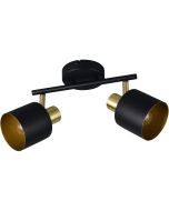 Trio Eva 868800280 spot met ronde zwarte plafondplaat en twee spotjes met goudkleurige fitting en zwart kapje met goudkleurige binnenzijde aan een zwarte stang