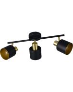 Trio Eva 868800380 spot met ronde zwarte plafondplaat en drie spotjes met goudkleurige fitting en zwart kapje met goudkleurige binnenzijde aan een zwarte stang