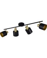 Trio Eva 868800480 spot met ronde zwarte plafondplaat en vier spotjes met goudkleurige fitting en zwart kapje met goudkleurige binnenzijde aan twee zwarte stangen