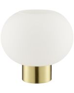 Brilliant Fanny mat messing tafellamp van 21 cm hoog met wit ovaal glazen kap met een diameter van 22 cm