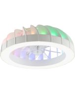 Brilliant Fanora witte plafondventilator met witte LED rand rond de ventilator en indirect RGB licht via het plafond