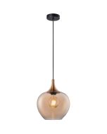 Freelight Fresu hanglamp met zwarte plafondplaat en brons gouden kap met amber glas van 24cm in diameter