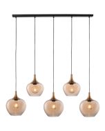 Freelight Fresu hanglamp met zwarte plafondbalk van 120 cm en vijf pendels met brons gouden kap met amber glas van 19 en 24 cm in diameter