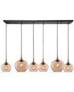 Freelight Fresu hanglamp met zwarte plafondbalk van 120 cm en zes pendels met brons gouden kap met amber glas van 19 en 24 cm in diameter