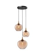 Freelight Fresu hanglamp met ronde zwarte plafondplaat van 35 cm en drie pendels met brons gouden kap met amber glas van 19, 24 en 29 cm in diameter