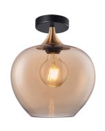 Freelight Fresu plafondlamp met zwarte plafondplaat en brons gouden kap met amber glas van 24cm in diameter