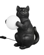 Reality Gatio tafellamp van 30 cm hoog in de vorm van een zwart poesje die een witte bal met omhoog houdt