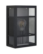 Brilliant Getta 96409/06 zwarte rechthoekige wandlamp met drie transparante ruitjes en zwart gaas in het midden van de ruitjes