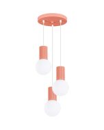 Sollux Halo SL.1755 perzik kleurige hanglamp met plafondplaat van 25cm en drie geribbelde fittinghouders en wit bolvormig glazen kap van 12cm