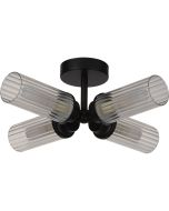 Searchlight Imperial 29984BK zwarte plafondlamp voor de badkamer met vier cilindervormige kappen van ribbelglas