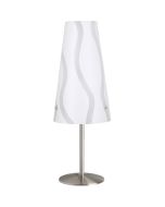 Brilliant Isi 02747/05 staalkleurig tafellampje met wit kapje met golf motief van boven naar beneden