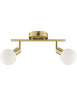 Brilliant Jorge mat messing plafondspot van 41,5 cm lang met twee wit bolvormig gesloten glazen kapjes