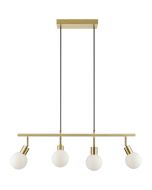 Brilliant Jorge mat messing langwerpige hanglamp van 77,5 cm lang met vier wit bolvormig gesloten glazen kapjes