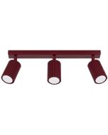 bordeauxrode plafondspot met plafondbalk van 45cm en drie geribbelde spotjes van aluminium met gu10 lampje
