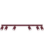 bordeauxrode plafondspot met plafondbalk van 117cm en zes geribbelde spotjes van aluminium met gu10 lampje