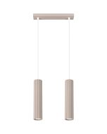 Sollux Karbon taupe kleurige langwerpige hanglamp van 30 cm lang met twee pendels met elk een 30 cm hoge cilindervormige kap van geribbeld aluminium met GU10 lamp