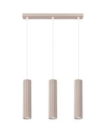 Sollux Karbon taupe kleurige langwerpige hanglamp van 45 cm lang met drie pendels met elk een 30 cm hoge cilindervormige kap van geribbeld aluminium met GU10 lamp