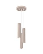 Sollux Karbon taupe kleurige ronde hanglamp van 19,5 cm in diameter met drie pendels met elk een 30 cm hoge cilindervormige kap van geribbeld aluminium met GU10 lamp