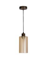 bronzen hanglamp met een kap van mat met helder gestreept amber kleurig glazen kap met een diameter van 11cm