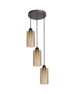 hanglamp met brons kleurige plafondplaat met een diameter van 25 cm en drie pendels met een kap van mat met helder gestreept amber kleurig glas met een diameter van 11cm