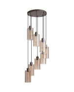 hanglamp met brons kleurige plafondplaat met een diameter van 40 cm en acht pendels met een kap van mat met helder gestreept amber kleurig glas met een diameter van 11cm
