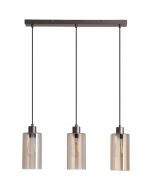 hanglamp met brons kleurige plafondbalk met een lengte van 60 cm en drie pendels met elk een kap van mat met helder gestreept amber kleurig glas met een diameter van 11cm