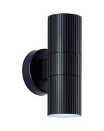 zwart geribbelde up-down wandlamp Keola voor buiten van 18cm hoog met naar beneden en boven gerichte gu10 spotjes