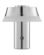Brilliant Kinich chroom kleurige oplaadbare tafellamp van 16,5 cm hoog en 15 cm in diameter met LED acryl rand onder de kap
