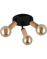 Casalum Lamego zwart metalen plafondspot van 29 cm in diameter met drie spots met imitatiehouten fittinghouder en goudkleurige globelamp