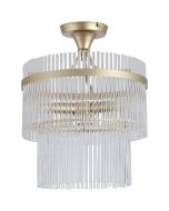 Searchlight Lara 11300-3GO plafondlamp met goudkleurig plafondplaatje en een dubbele ring van helder glazen staafjes met een goudkleurige bank eromheen
