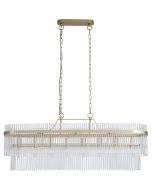 Searchlight Lara 11400-8GO langwerpige ovale hanglamp met goudkleurige plafondbalk en een dubbele ring van helder glazen staafjes met een goudkleurige band eromheen